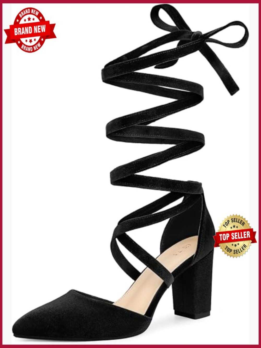 Velvet Lace Up Chunky Heels Pointed Toe Pumps